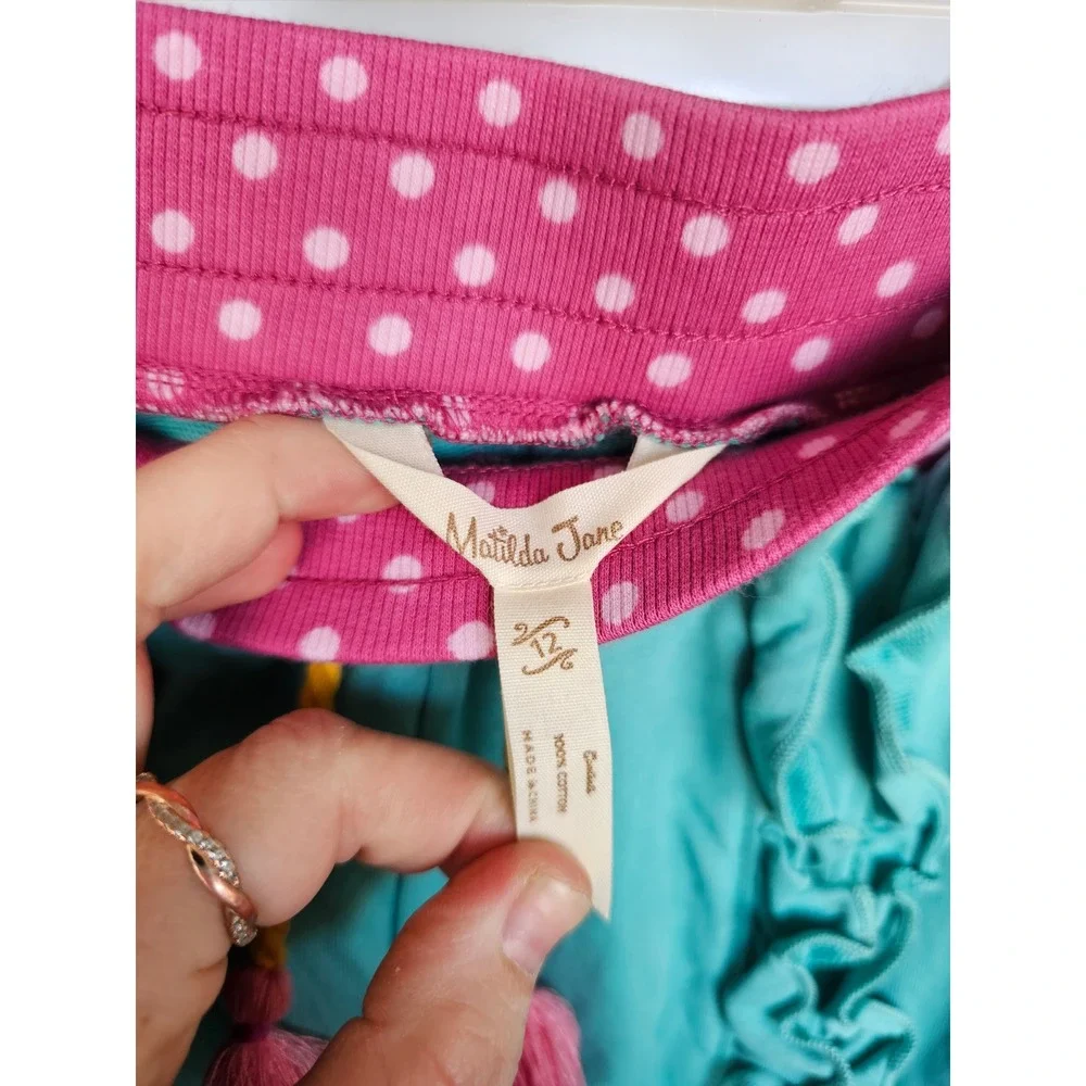 Matilda Jane Girls Race at Recess Teal Blue Ruffle Front Jogger‎ Pants Size 12